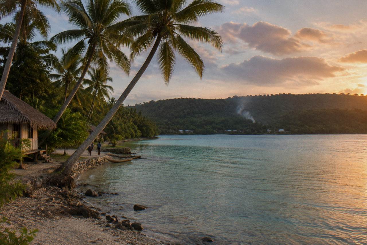 Coconut palms leaning over calm turquoise water on a Vanuatu island shoreline