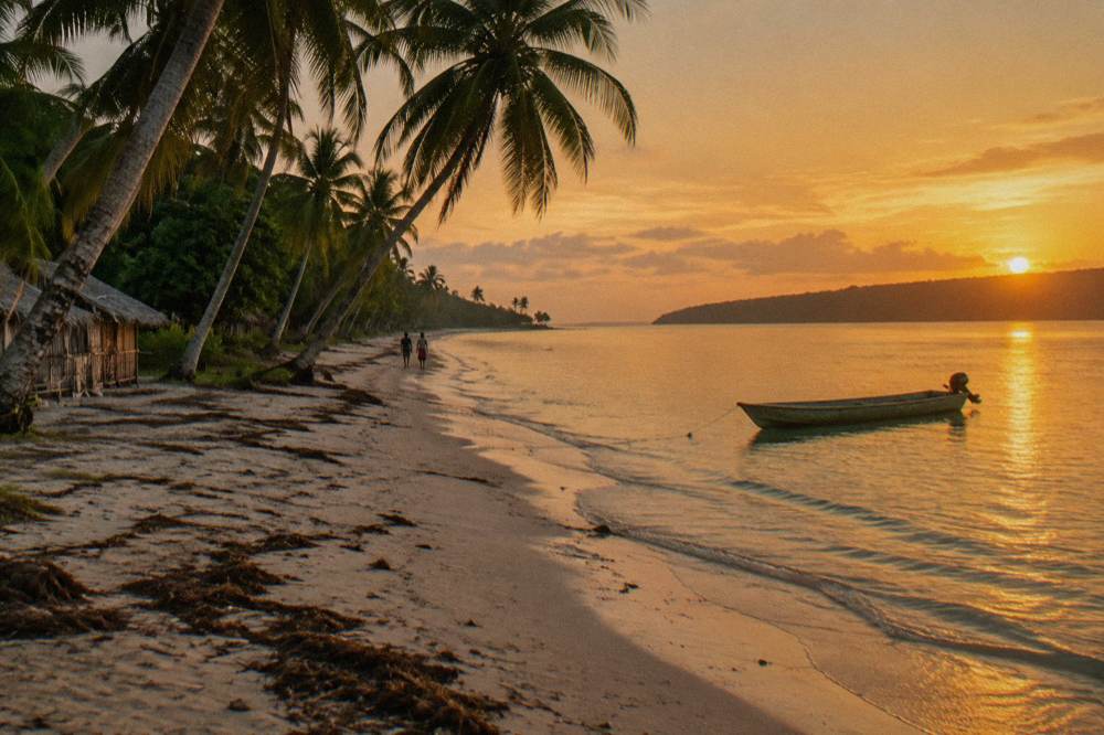 Palm trees leaning over calm water at sunset on an island beach