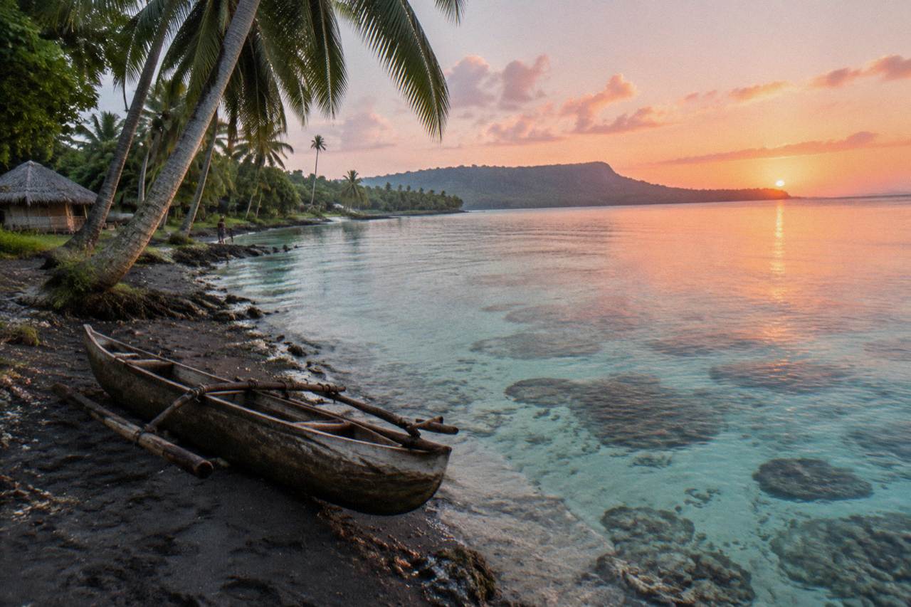 Turquoise lagoon water along a palm-lined Vanuatu coastline