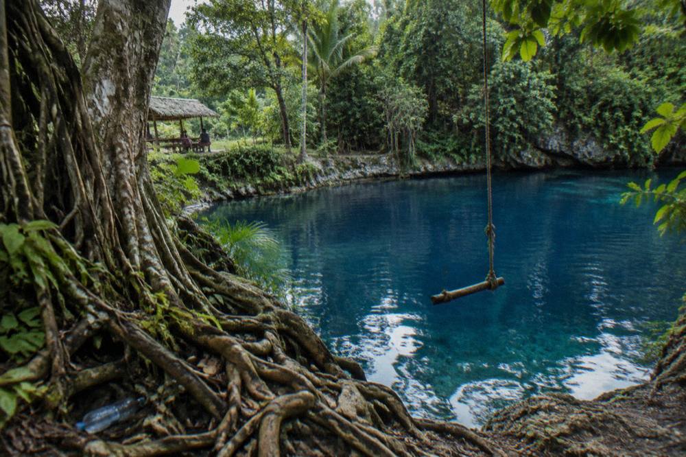 Deep blue freshwater lagoon surrounded by tropical trees with a rope swing hanging over the water