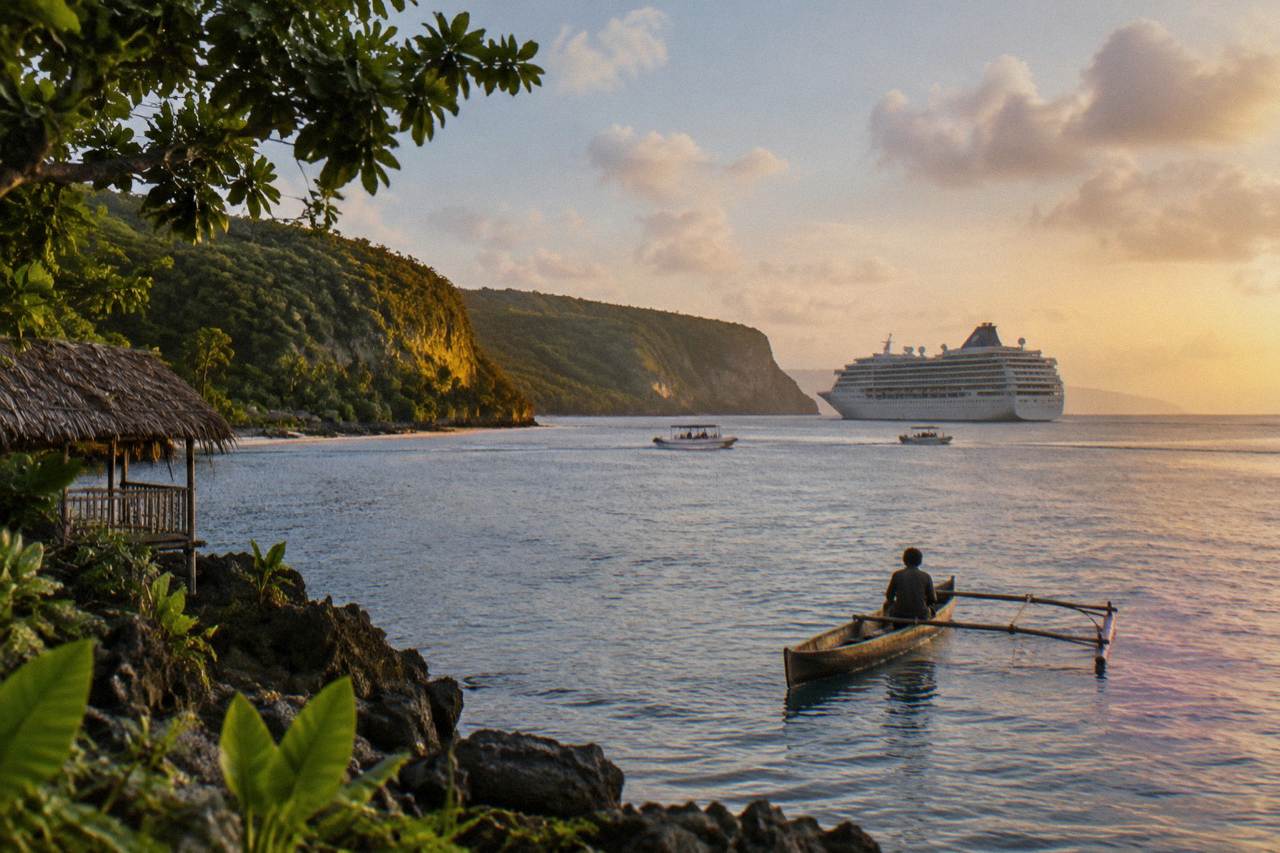 Cruise ship anchored off a tropical island coastline with tender boats on calm water