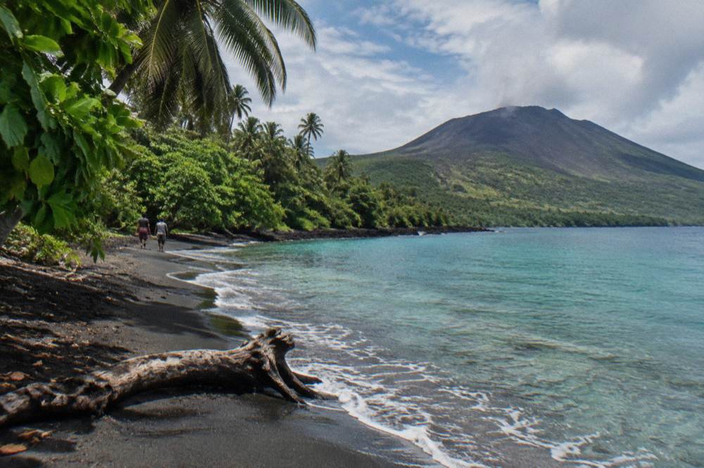 Coastline on Tanna Island with dark sand and dense green vegetation meeting clear water
