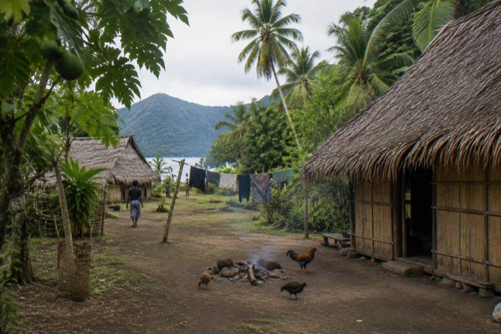 Village clearing with thatched bamboo huts and tropical forest on Tanna Island