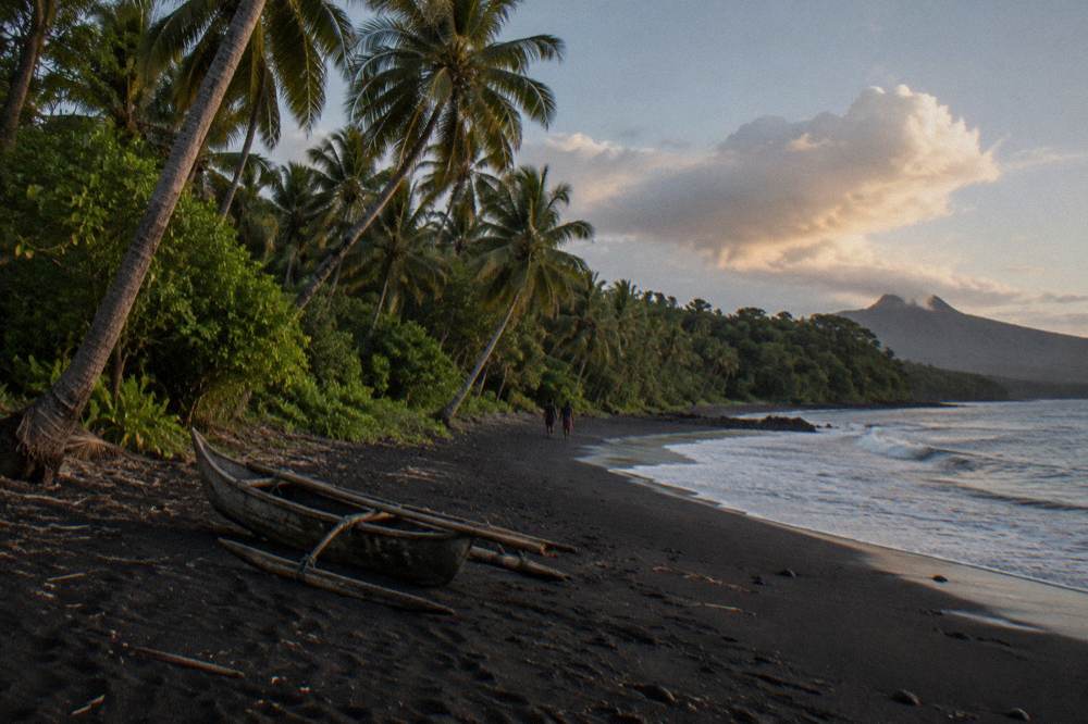 A palm-fringed black sand beach with dense green jungle behind it on a remote Pacific island