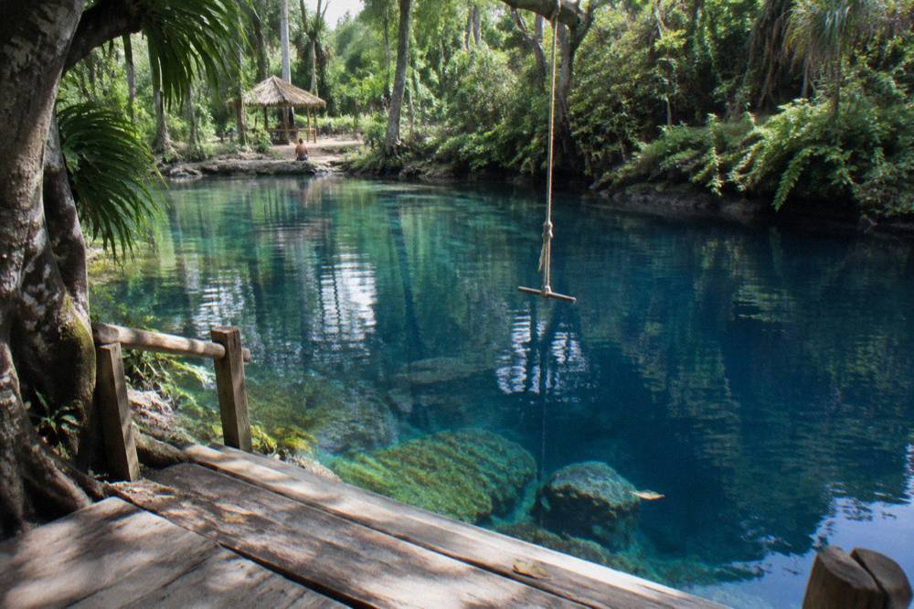 A freshwater blue hole surrounded by dense green jungle with a rope swing over the water