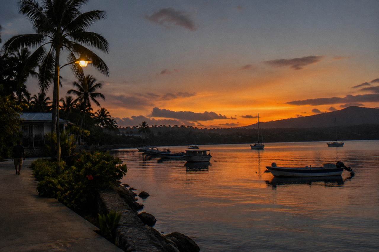 Calm harbour waterfront in Port Vila with palm trees and small boats at anchor