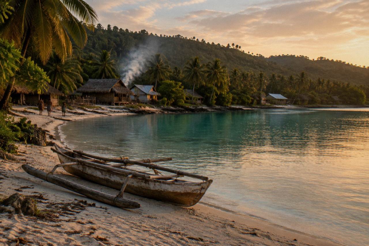 Calm turquoise lagoon water along a forested Vanuatu coastline under a clear blue sky