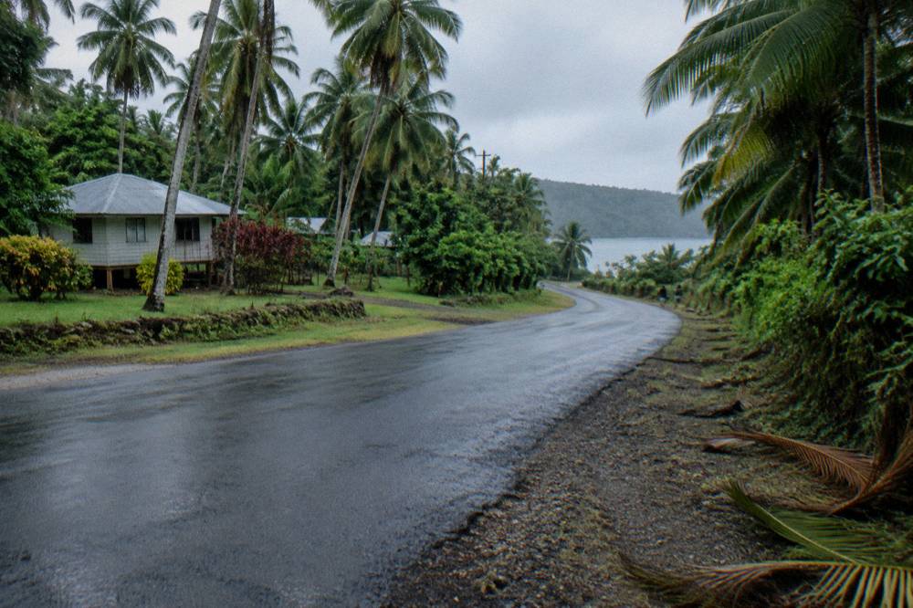 Paved island road curving through palm forest on Efate