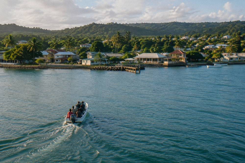 Small tender boat carrying passengers across a blue harbour toward a waterfront town