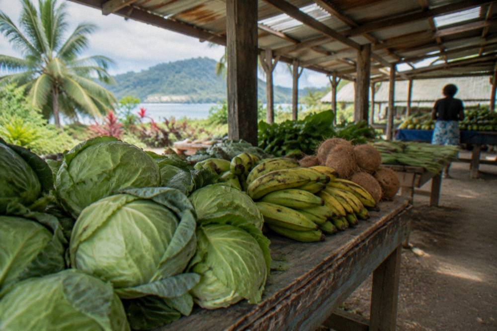 Covered open-air market stalls with tropical fruit and vegetables under a tin roof