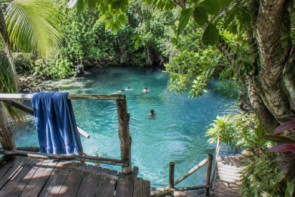 Wooden platform above a turquoise jungle pool surrounded by dense green forest
