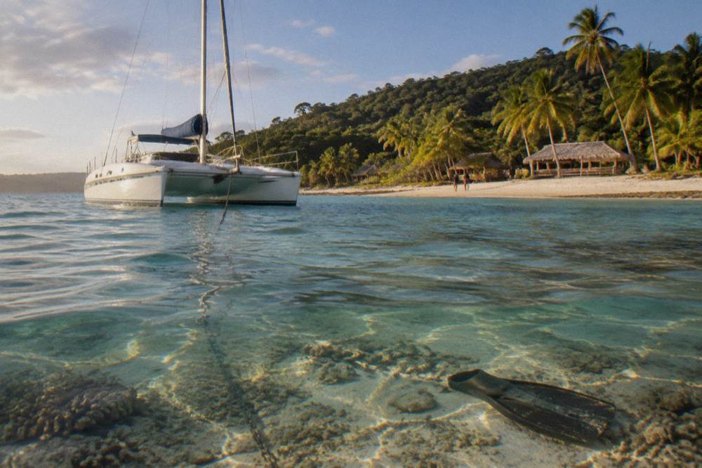Catamaran anchored in clear shallow water near a reef with palm-lined shore