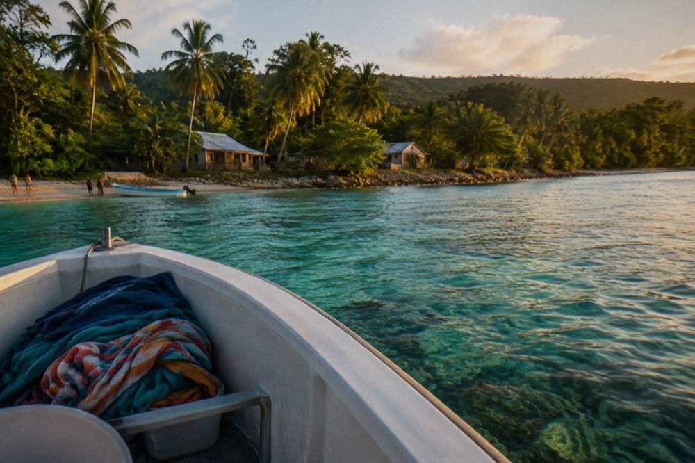 A small boat anchored over clear turquoise water above a coral reef near an island shore