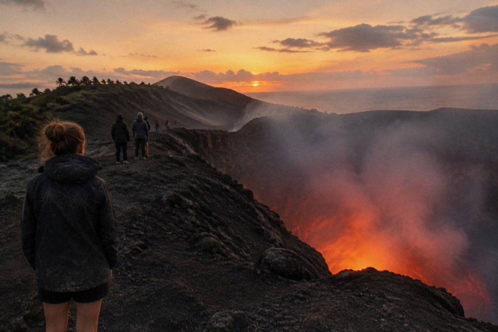Visitors standing on a volcanic ridge above the Mount Yasur crater at dusk, dark rock slopes under an orange sky