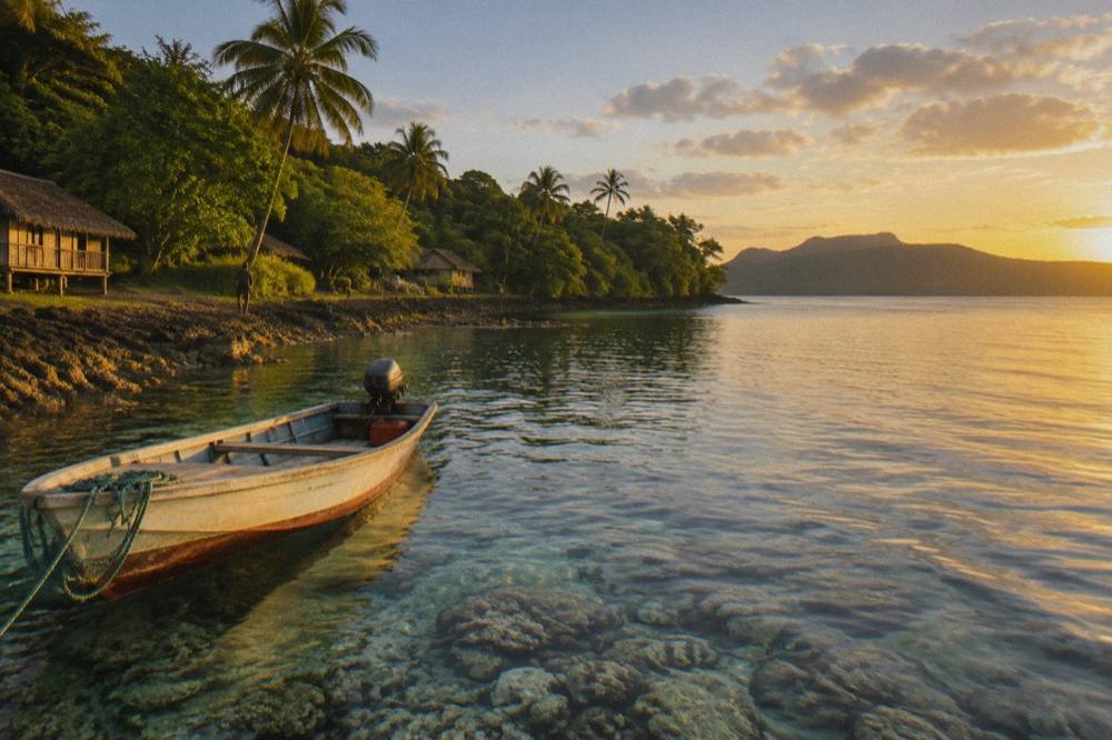 A wooden boat moored in clear shallow water beside a green tropical island shoreline